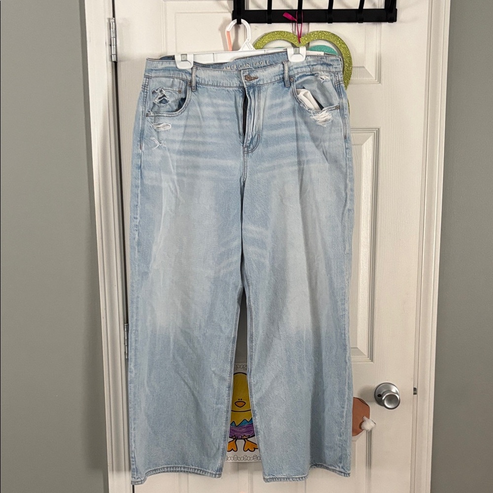 American Eagle Outfitters Distressed Light Blue Wide Leg Jeans